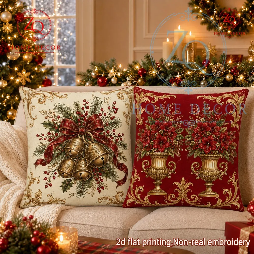 Luxury Europeanstyle Christmas pillowcase red background with gilded flower pot  bouquet design cozy home decorion  the holidays