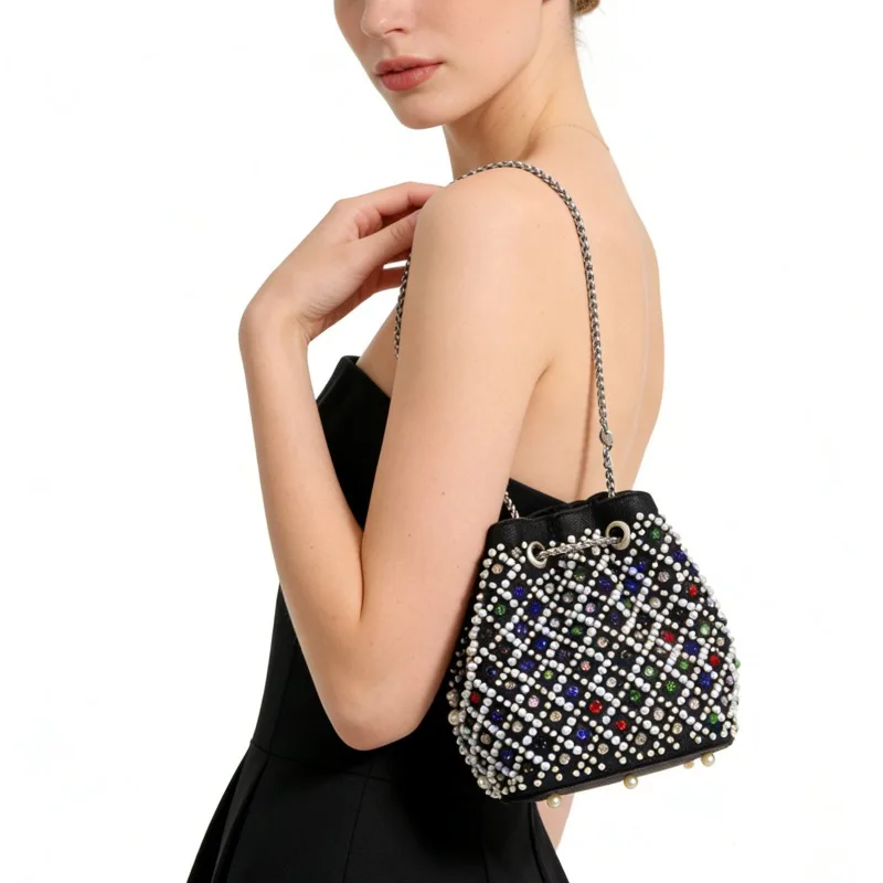 

New Chain Crystal Pearl Bucket Bag Fashion Party Vacation Shoulder Bag Personalized High-end Handbag Crossbody Dinner Pearl Bag