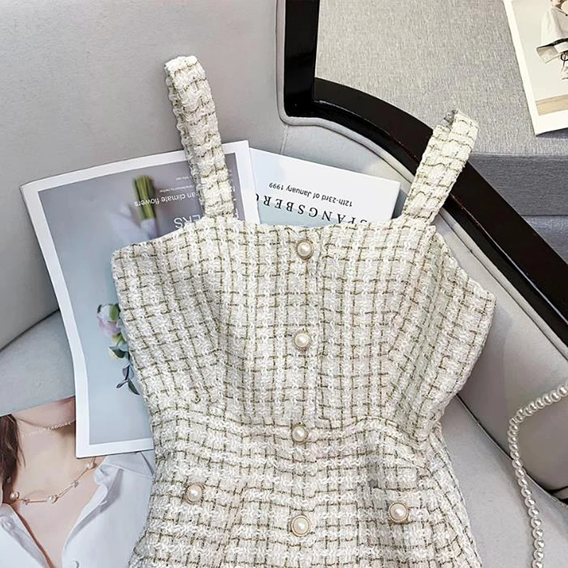 Luxury Elegan Tweed Two Piece Set Women Spring Autumn Sleeveless Pearl Button Sweater Spaghetti Strap Mini Dresses Outfits