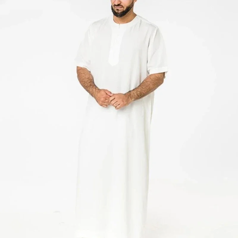 New Muslim men cotton robe man short sleeve solid color abaya Turkey Islamic Arabic qiamis Dubai casual Eid male clothing