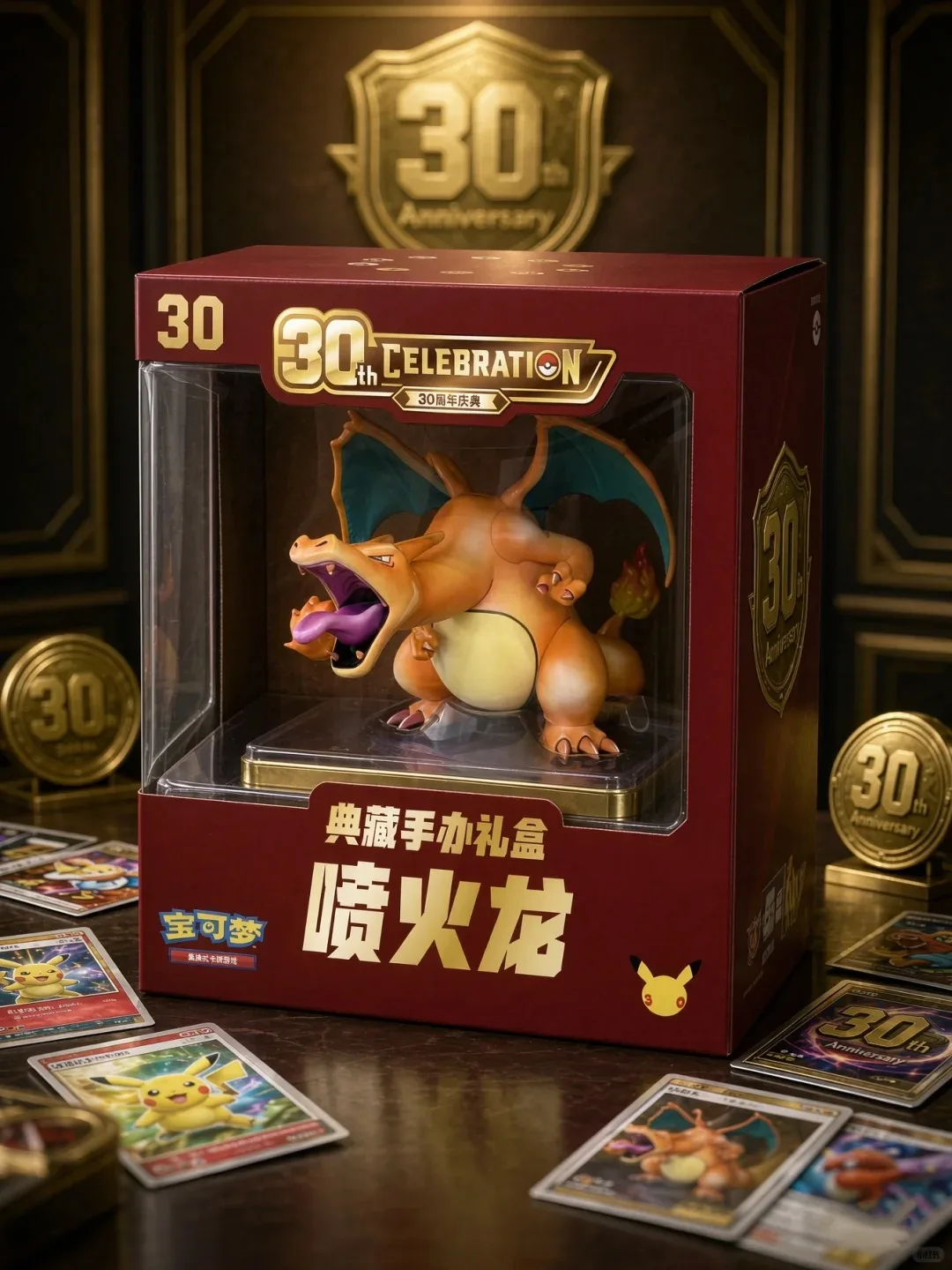 Pokémon 30th Anniversary Charizard Collectible Figure Gift Set Contains 1 Oversized Charizard Card and Gemstone Bag in Stock