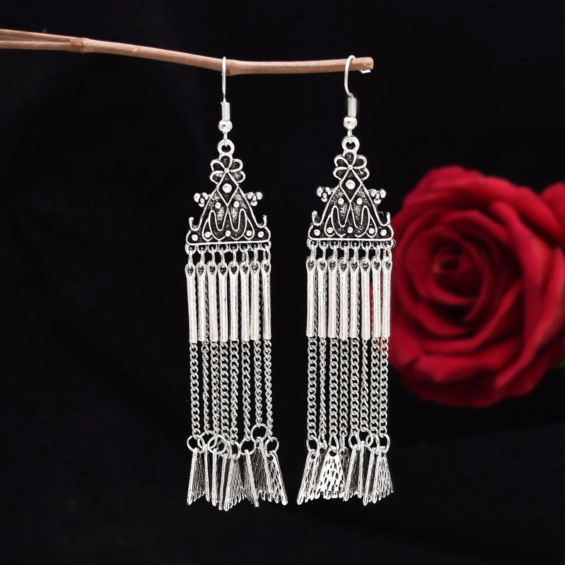 Bohojewelry Store New Bohemian Ethnic Style Silver Plated Chain Tassel Women's Long Pendant Earrings