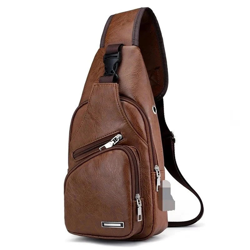 Männer Brusttasche Pu Leder Outdoor wasserdicht mit USB-Aufladung Kopfhörer Loch Mode Messenger Umhängetasche für Männer