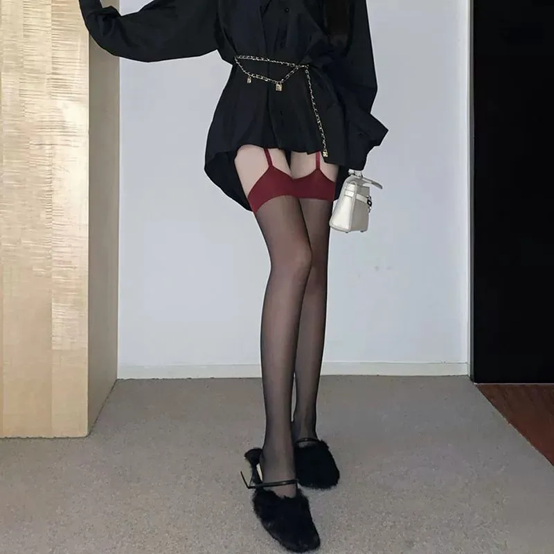 1/2 Pairs Women Suspender Black Silk Red Border Stockings Fashionable Spring Summer Jk Thin Color Blocked Long Knee High Socks image 3