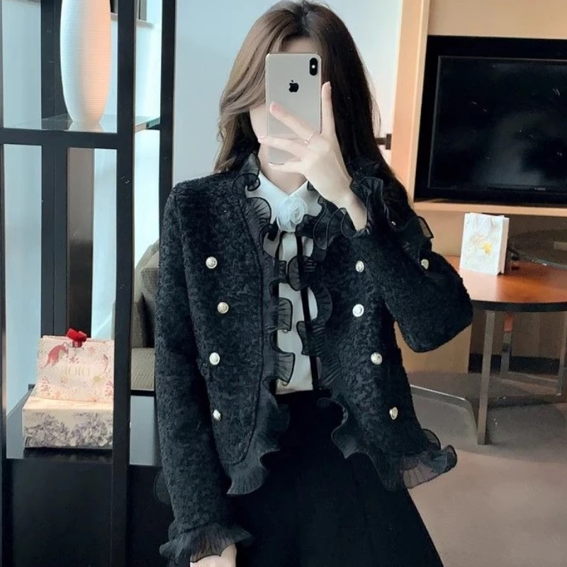 

V-neck Joker Temperament Outwear Small Fragrance Autumn Winter Coat Women Short Coat Yarn Edge High Sense Lace Cardigan Jacket