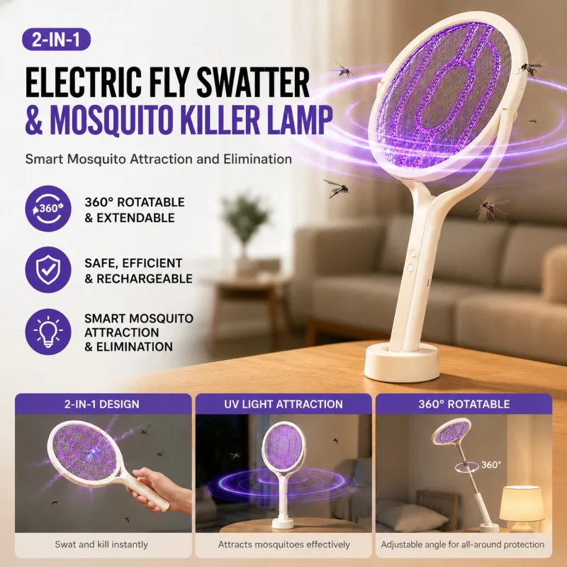 2-in-1 Mosquito Killer MultFunctional Electric Fly Mosquito Swatter USB Rechargeable Adjustable Rotating Head Bug Zapper Racket