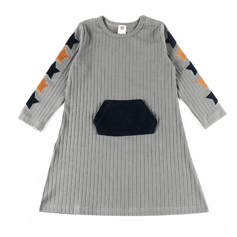 Girl Dress Autumn Winter Ribbed Cotton Outfit Clothes Girl Dress Round Neck Stars on Sleeves Kids Girl Dresses Contrast Pocket