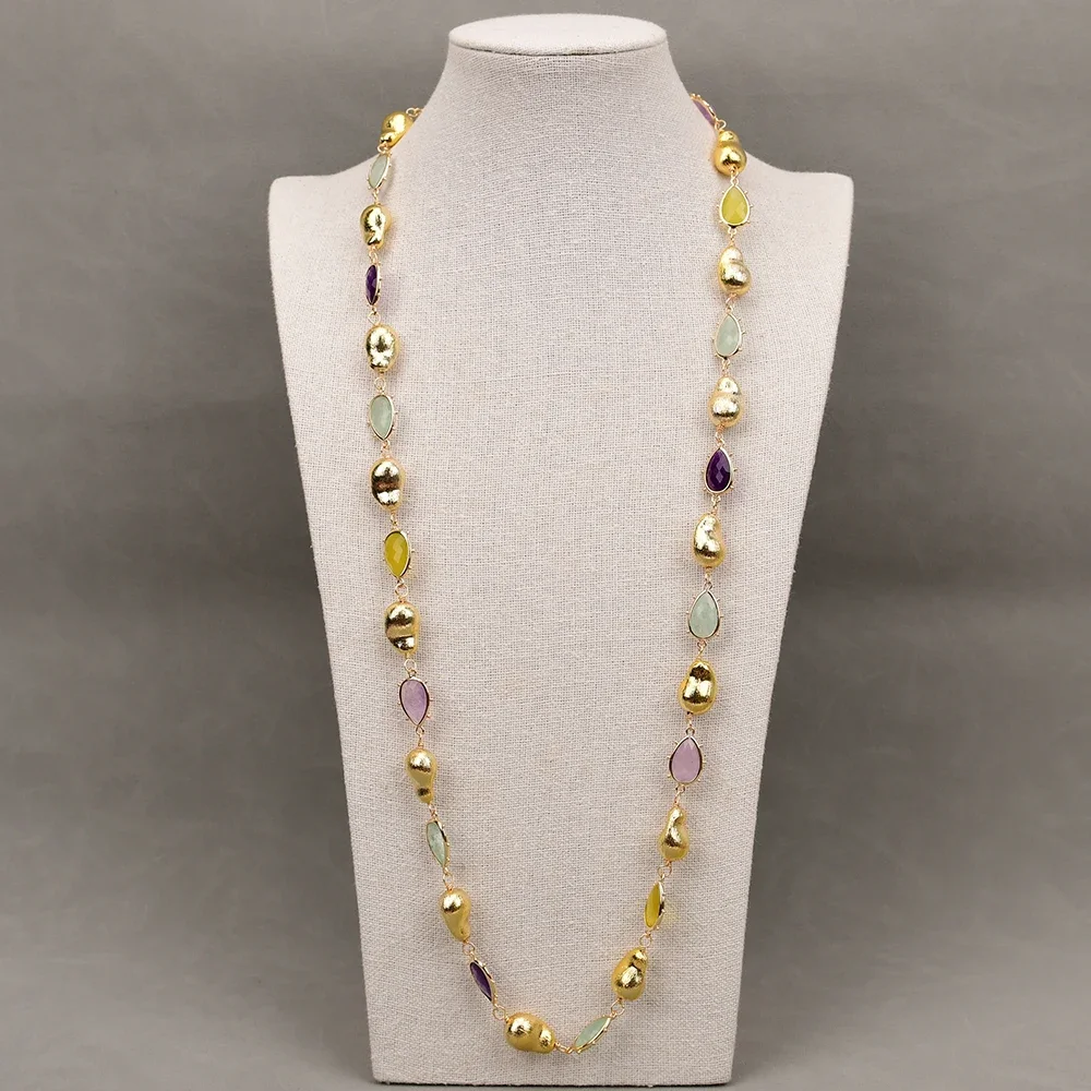 35'' Natural Gems Stone Fluorite Lemon Quartz Amethyst Jade Long Necklace Fashion Necklaces For Women