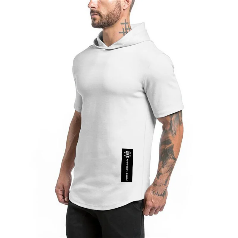 

Summer Breathable Cotton Casual Hoodie Gym Bodybuilding Slim Fit Hooded T-Shirts Mens Fitness Muscle Short Sleeve Sport Clothing