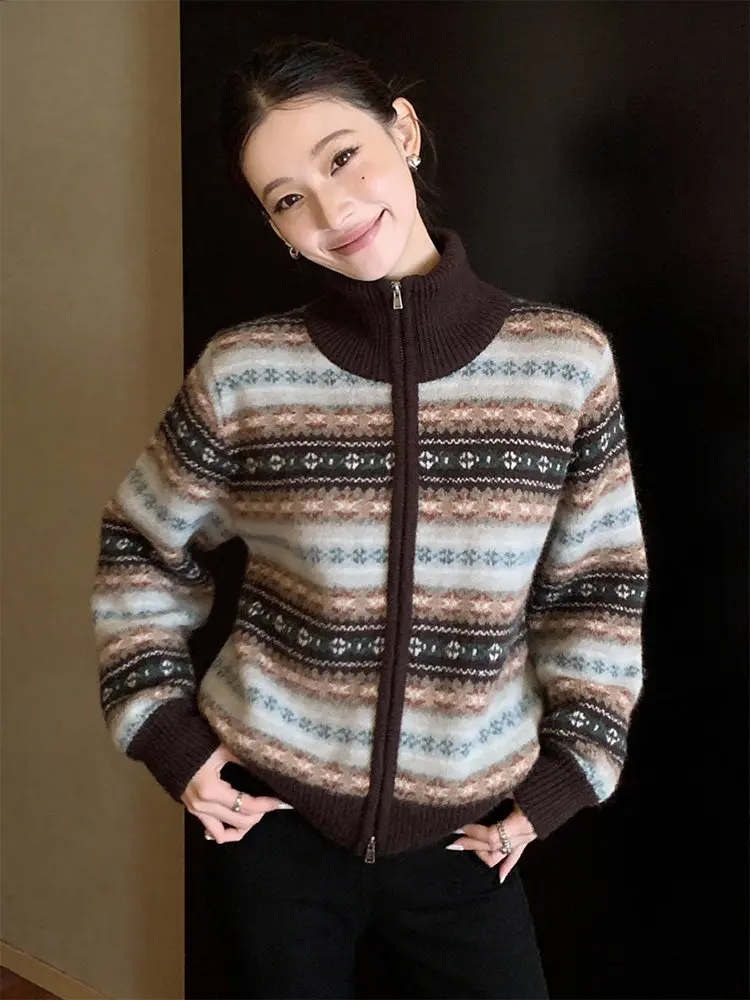 

Retro Fair Isle Knitted High Collar Long Sve Cardigan Women's Spring Outerwear ort Design Trendy Sweater Commute Sle