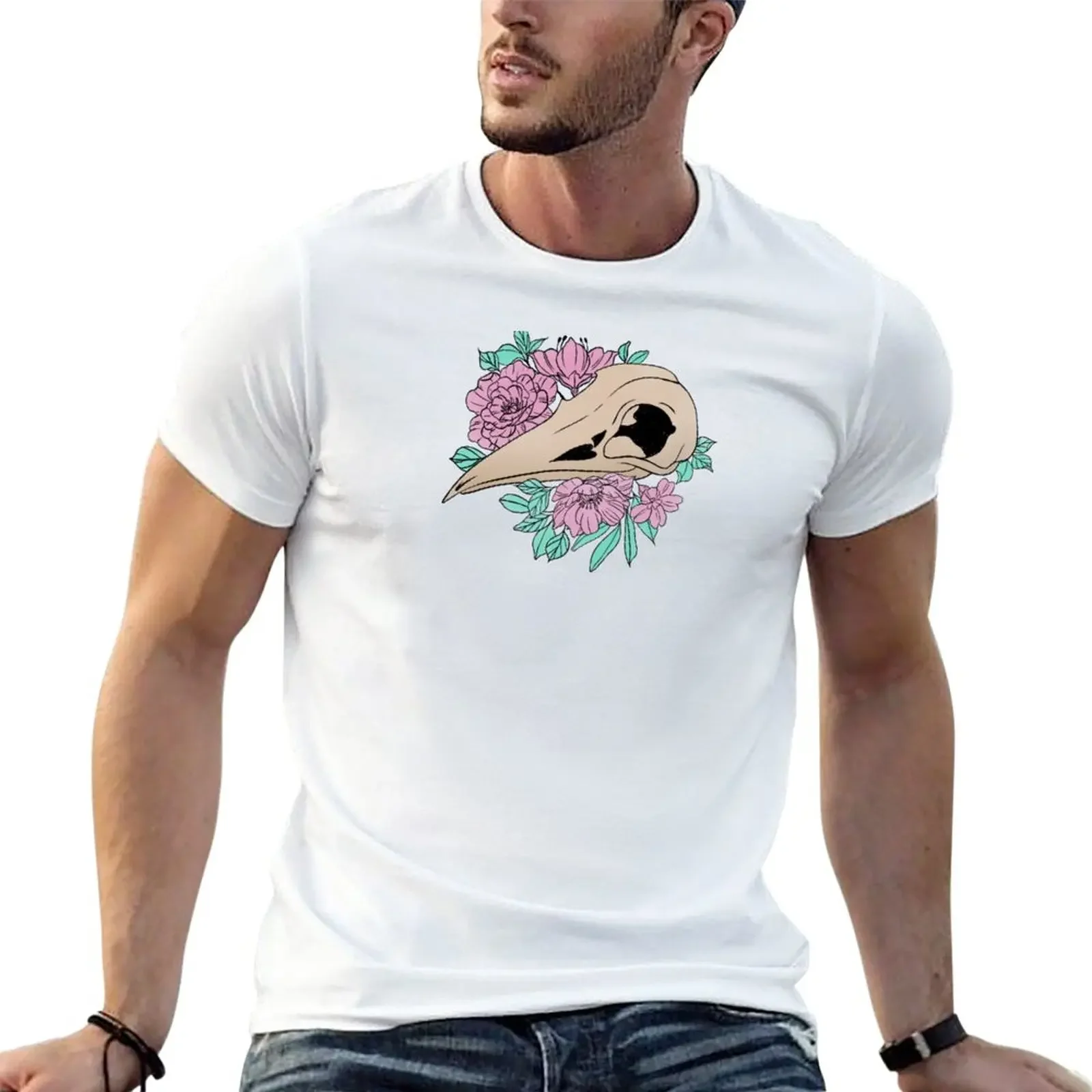 

New Bird Skull With Pink Florals T-Shirt oversized graphic tee plus sizes cute clothes shirts men graphic