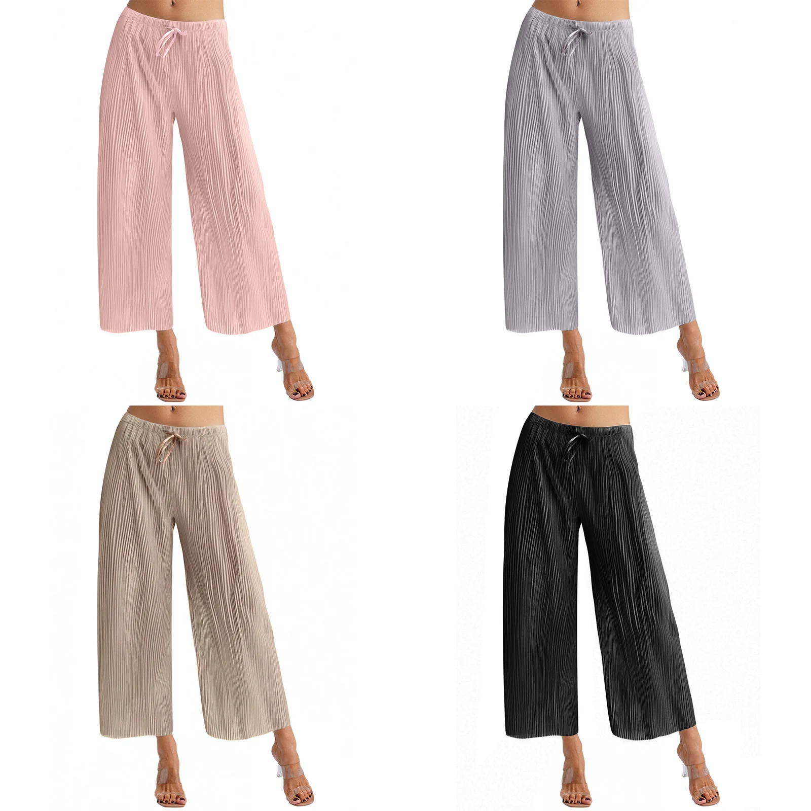Women Solid Color High Waist Wide Leg Trendy Beach Pull on Elastic Waist Casual Pleated Pants for Casual Daily Wear Commute