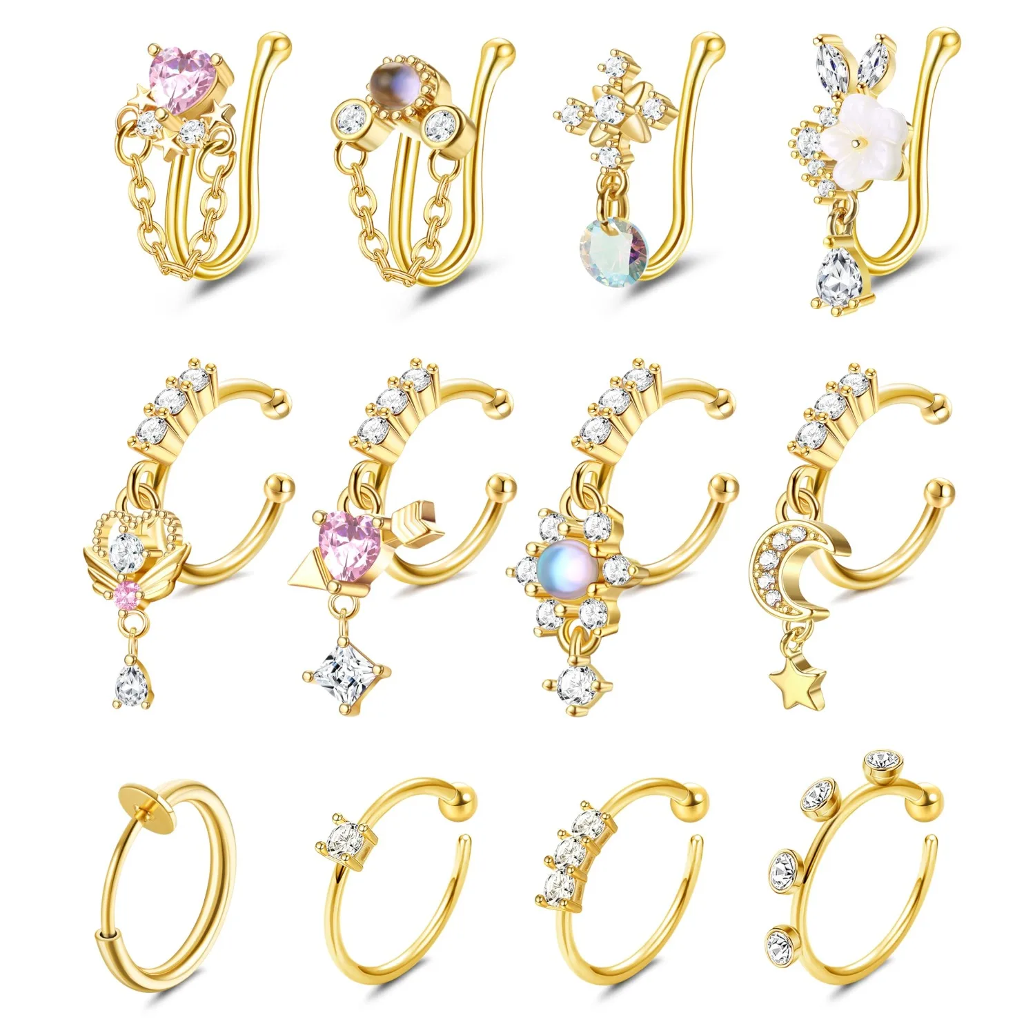 Drperfect Nasenmanschette, Fake-Nasenring, Clip-on-Nasenring für Damen und Herren, CZ-Hänge-Fake-Ringe, Knorpel-Tragus-Schmuck ohne Piercing
