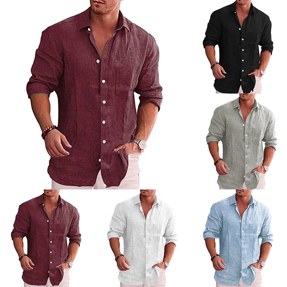 T-Shirt Herren Tops täglich nach Hause feste Bluse atmungsaktive Button-Down-Baumwolle Leinen Langarmhemd weich hohe Qualität