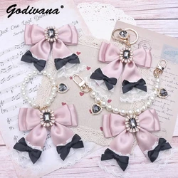 Handmade Bow Lace Rhinestone Stringed Pearls Handbag Pendant Japanese Female Girls Cute Bag Charms Keychain Hair Clips