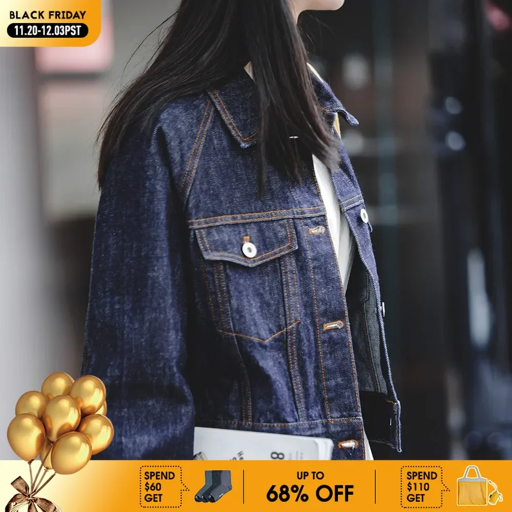 

Винтажная темно-синяя джинсовая куртка Maden, 14 унций, женские хлопковые короткие куртки-карго, джинсовое пальто с оранжевой строчкой для работы на осень-зиму