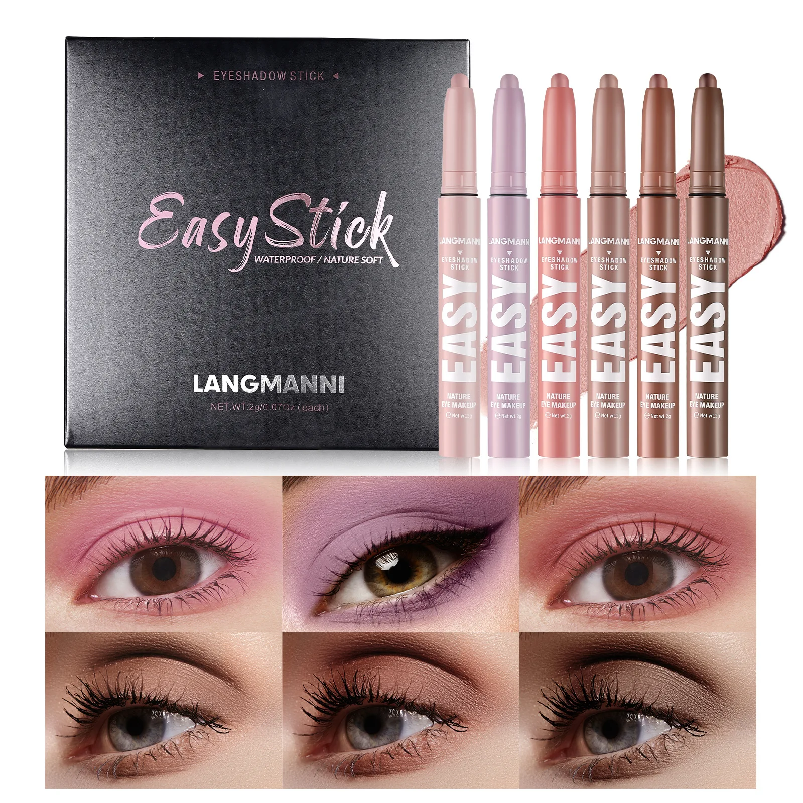 Neues 6-Farben-Lidschatten-Set aus Metall, glitzernd, wasserdicht, langlebig, 12 Stunden, modisches Lidschatten-Stick-Set, Party-Bühnenkosmetik, 2 g