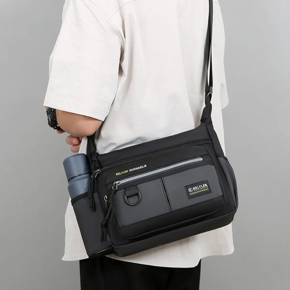 Large Capacity Men Shoulder Bag Side Pocket with Reflective Stripe Business Messenger Bag Lightweight Oxford Cloth