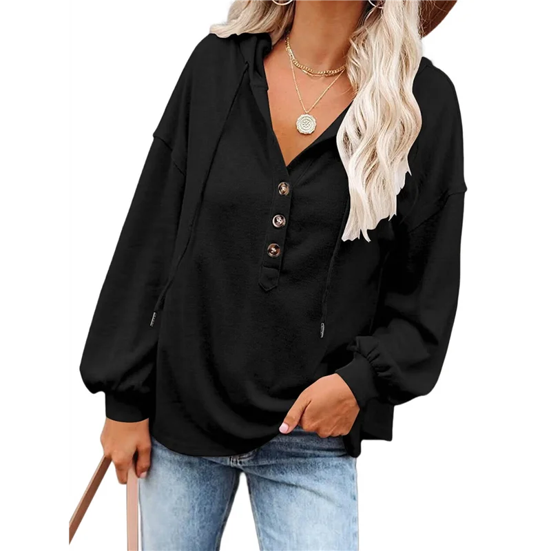 ABRT - Damska bluza rozpinana z kapturem, bluzy zapinane na guziki, topy ze sznurkiem, dekolt w serek, koszulki Henley z długim rękawem