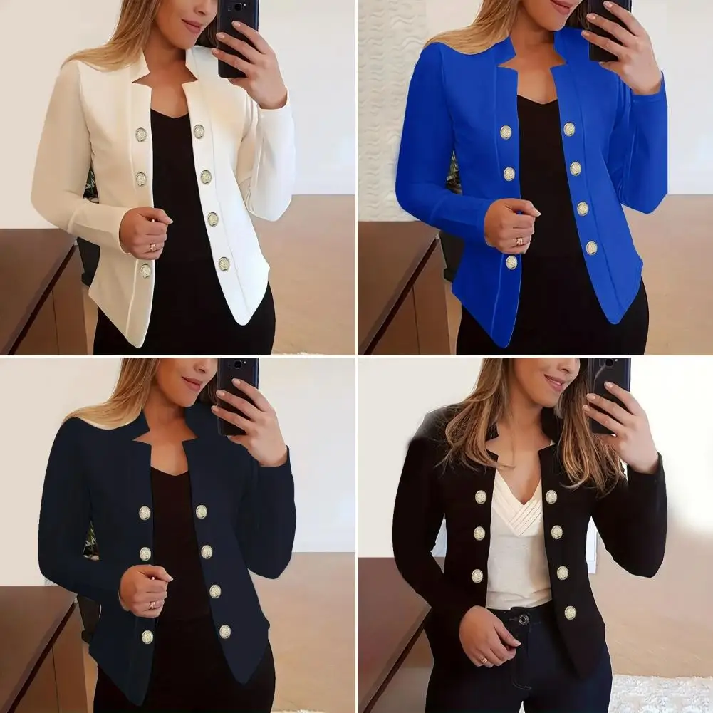 

Elegant Solid Color Jacket Thick Warm Notch Collar Women's Office Coat with Button Decor Long Sleeve Solid Color for Formal