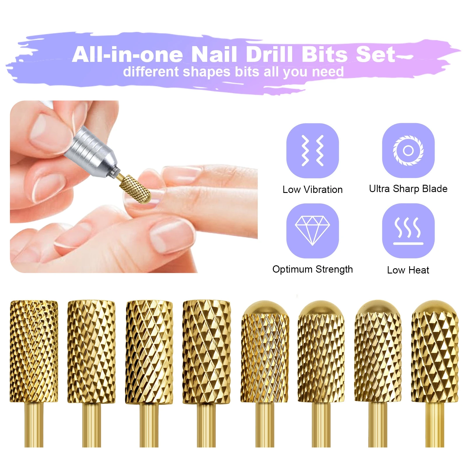 مجموعة لقم مثقاب أظافر ذهبية احترافية مكونة من 8 قطع من الفولاذ المقاوم للصدأ أدوات مانيكير وباديكير لملحقات آلات حفر الأظافر الكهربائية