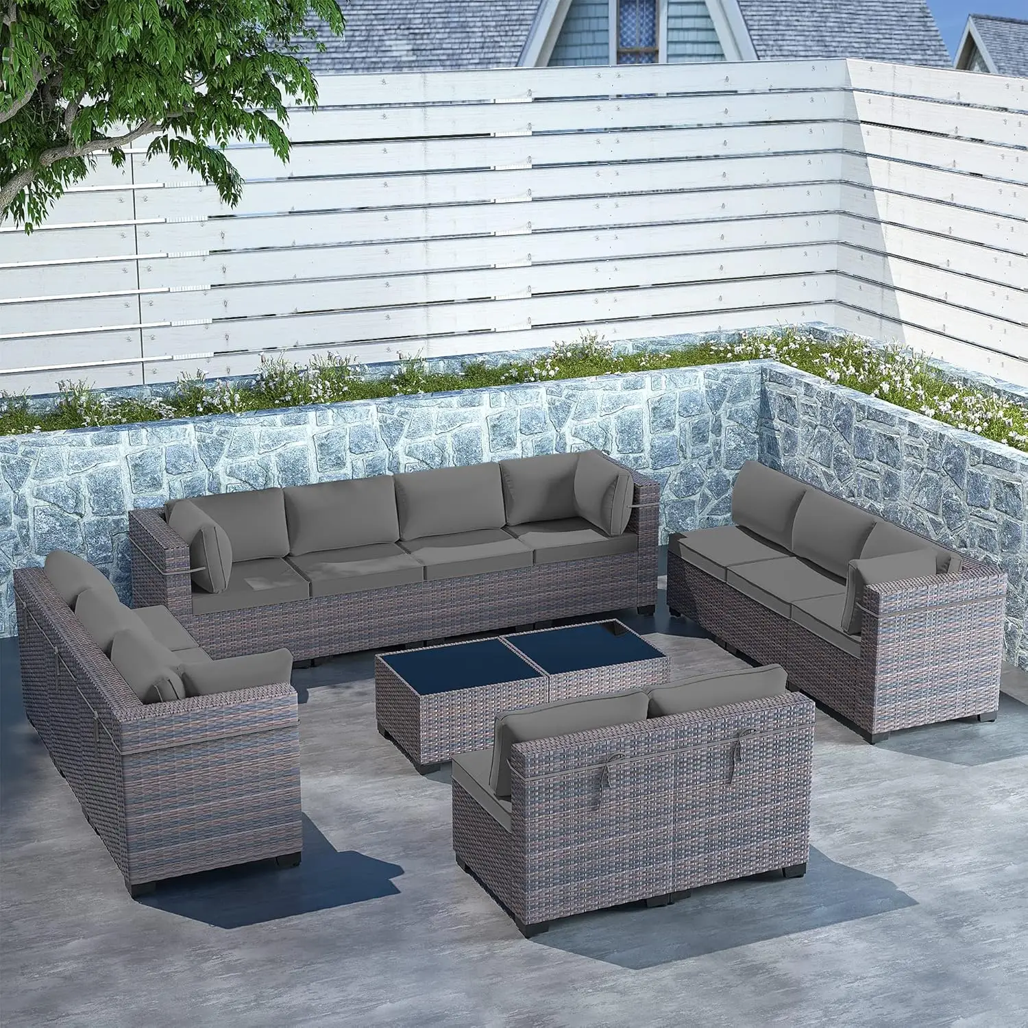 

14PCS Outdoor Sectional Wicker Furniture All-Weather PE Rattan Patio Conversation Sets w/12 Waterproof Cushions &2 Coffee Table