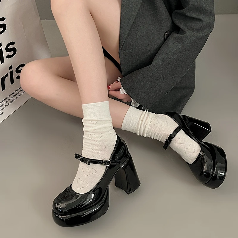 Punk Chunky High Heels Mary Jane Shoes Women Black Beige Bowknot Strap Platform Pumps Woman Jk Party Thick Heel Pu Leather Shoes