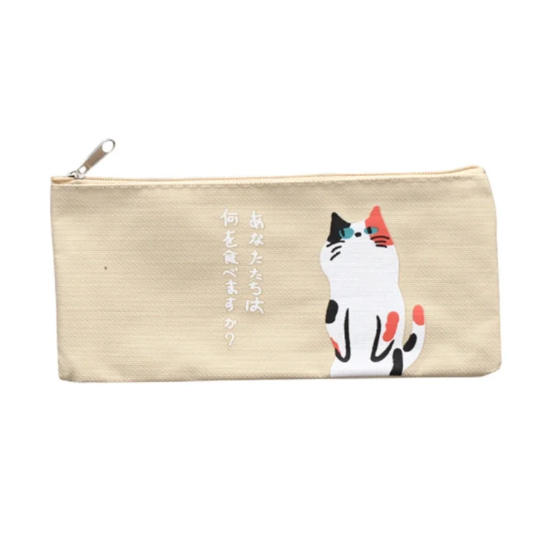 Cute Cartoon Cat Pencil Bag Canvas Pencil Case Student Stationery Pen Pencil Eraser Storage Bag Makeup Bag School Office Supply