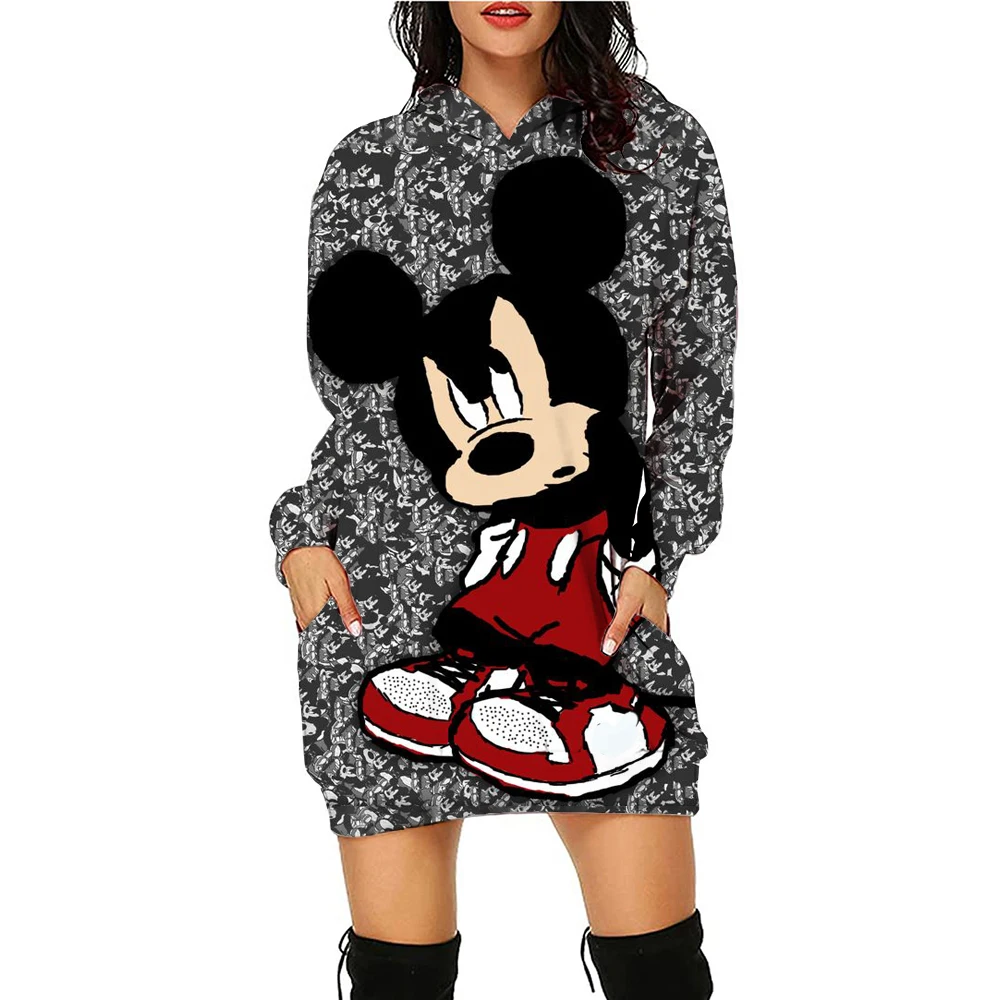 New Disney Series Mickey Mouse Minnie Hoodie Print Hooded Sweater Dress Casual Street Style Ladies Warm Sweater Dress