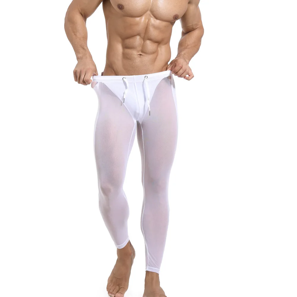 Calças compridas finas náilon transparente sexy roupa interior homem apertado legging longo johns magro fitness equitação sono bottoms gelo seda