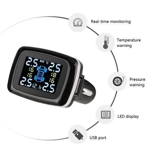 Imagen 2 del producto Vtopek TPMS sistema de Monitor de alarma de presión de neumáticos 4 sensores presión de neumáticos automática encendedor de cigarrillos pneus sistema de alarma de seguridad de coche