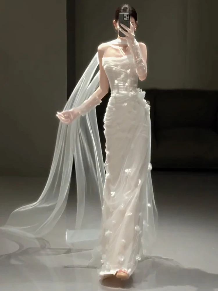 

Свадебное платье Ele White Fi Tail с фатой для помолвки и свадебной церемонии, с цветами ручной работы, с завышенной талией, длинная юбка