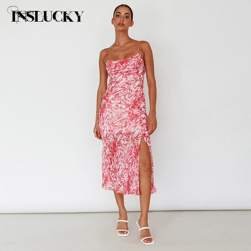 

InsLucky Pleated Bust Front Swirl Fuchsia Print Dress Midi Length For Women Adjustable Spaghetti Straps Slit Luxury Party Dress