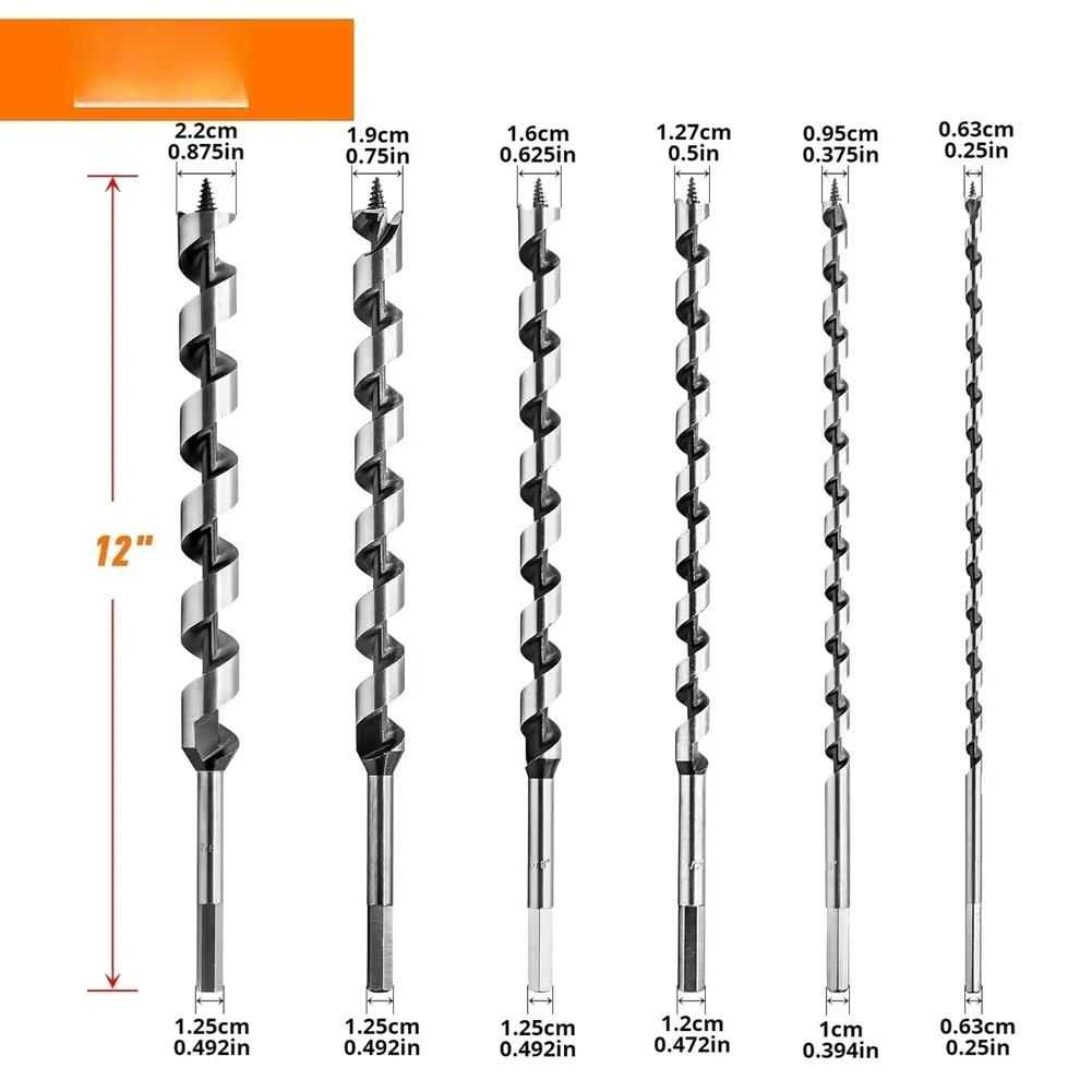 6 Piece 12 Inch Auger Drill Bits with Hex Shank for Deep Hole Drilling in For Wood MDF and PlyFor Wood Materials