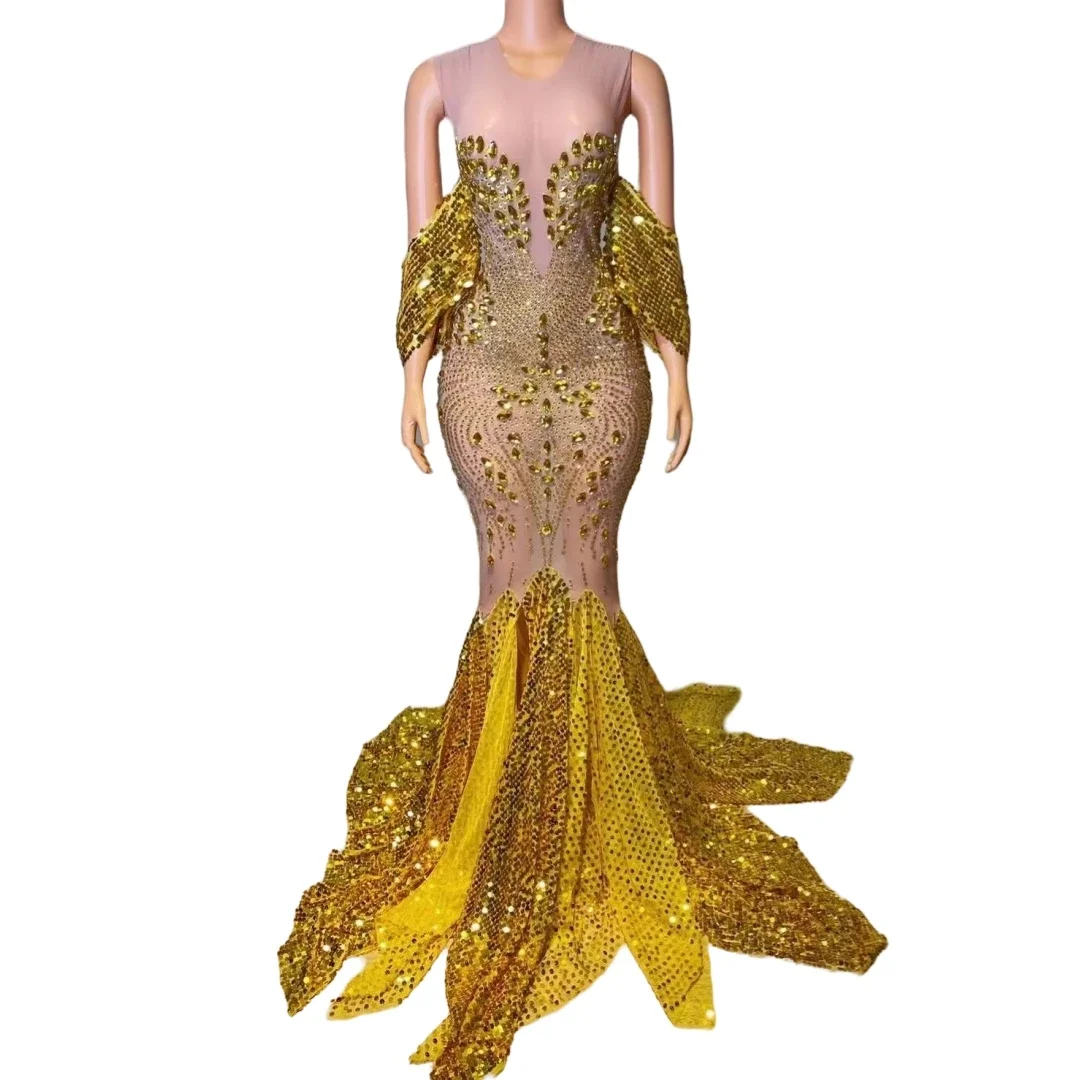 Celebrity Sparkly Floor Length Gold Black Luxury Rhinestone Elegant Evening Dress Women Club Night Birthday Drag Queen Costume