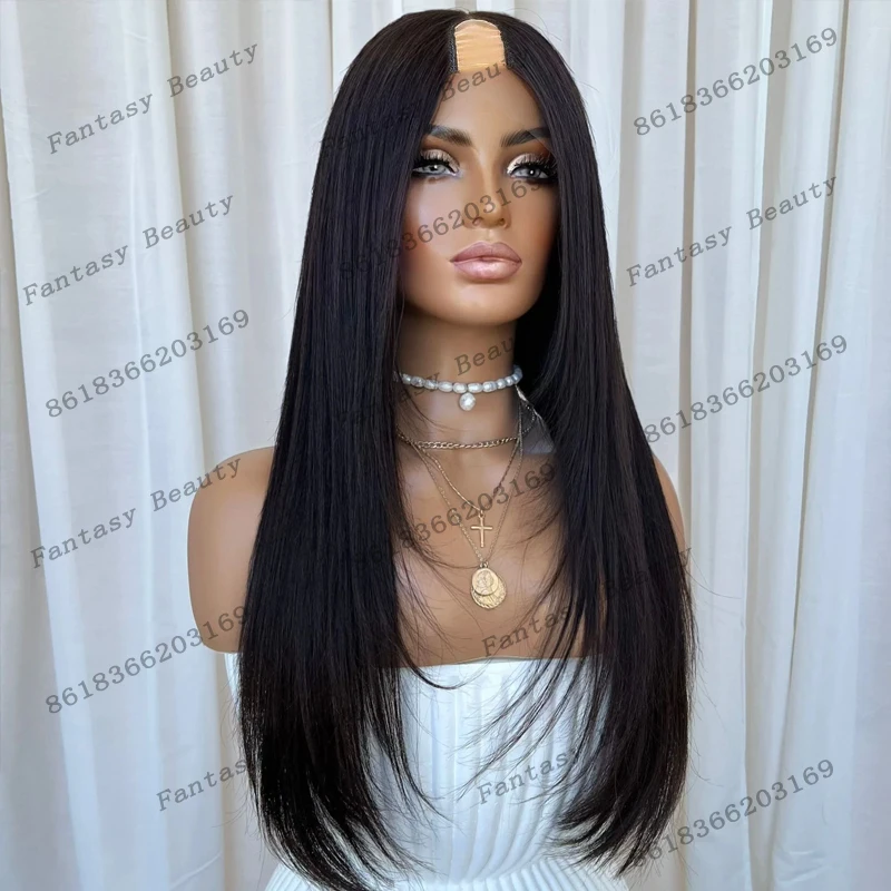 افتتاح بدون صمغ U/V جزء حريري مستقيم طبيعي أسود المرأة خصلات الشعر المستعار الإنسان الطبيعي سهل ارتداء آلة كاملة صنع رخيصة الباروكات