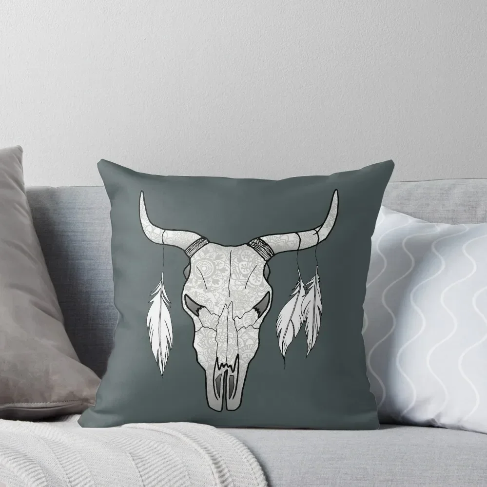 Floral Bull Skull with Feathers Throw Pillow Anime Pillowcase pillow