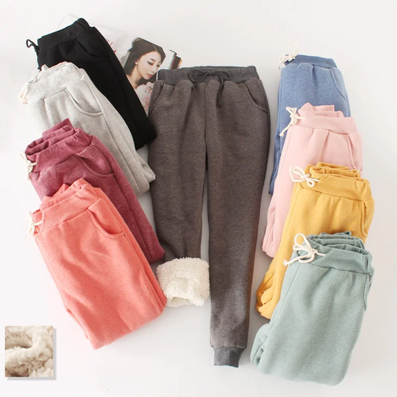 4XL Winter Lambskin Thick Elastic Waist Pants Loose Large Size Solid Color Cotton Harem Pants Women Casual Warm Trousers MZ1955