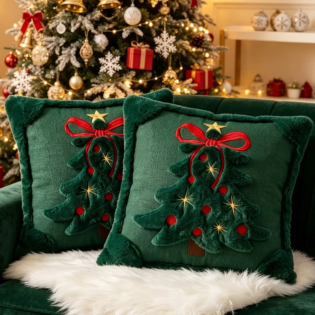 2pcs Plush Bow Christmas Tree Pillow Covers/18x18 Inches/Soft and Comfortable/Star & Bow Christmas Tree Decoration Pillow Covers