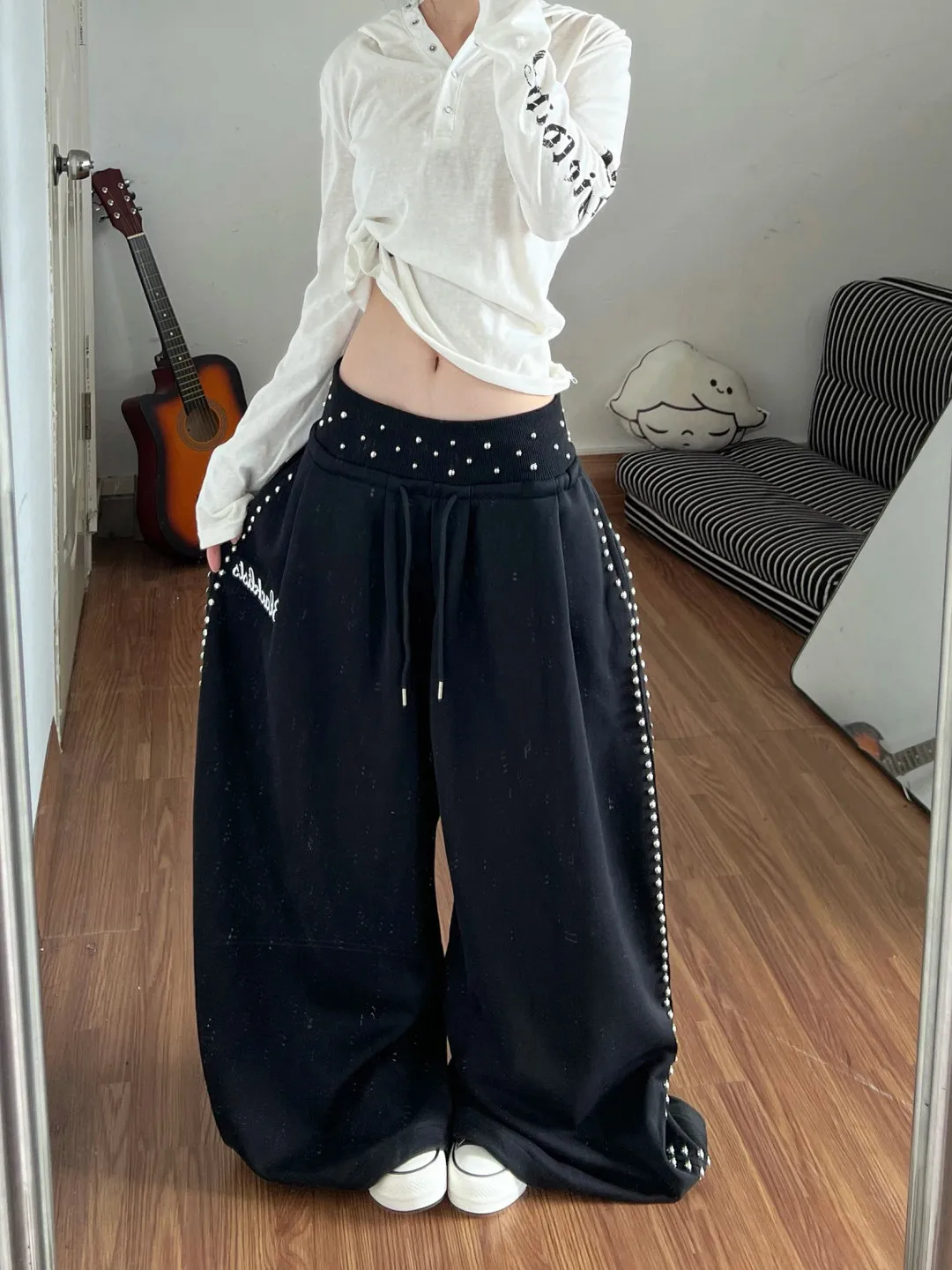 American Style Embroidered Wide Leg Pants Loose Fit Dancing Splice Men Women Autumn Winter New Style Casual Loose Leggings