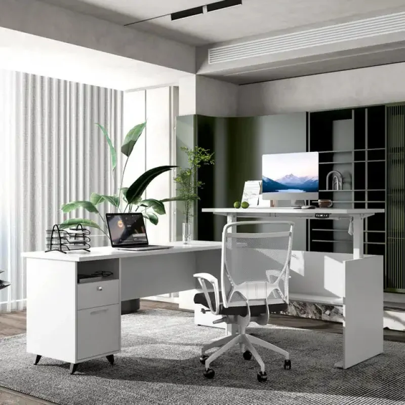 custom.Modern Wooden Ergonomic Height Adjustable Sit to Stand Executive  L-shaped Office Desk with Drawer