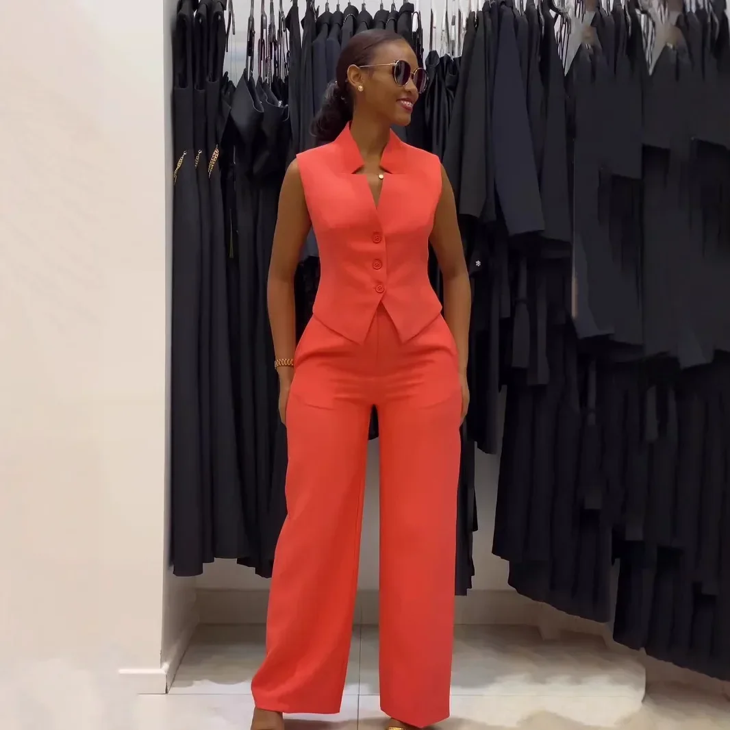 

Two Piece Sets Women Pant Set V Neck Sleeveless Single Breasted Blazer Suits Tops Wide Leg Long Pants High Waist Matching Sets