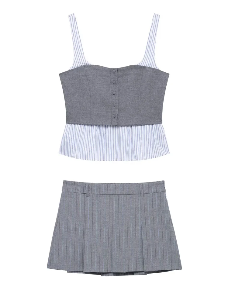 

KUCLUT Women Fashion 2 Piece Set Grey Patchwork Side Zipper Tops & Vintage Pleated Mini Skirt Female Chic Lady Skirts Set