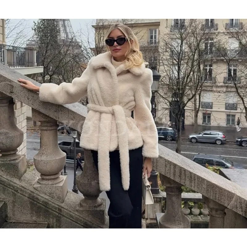 

Christmas New Year Holiday Party Jackets Women Long Sleeve Sashes Thick Warm Women Coats Fashion Chic Beige Outwear