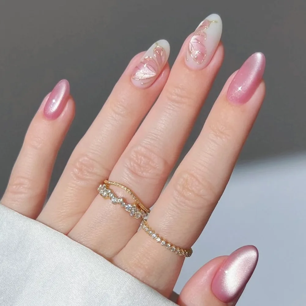 

24Pcs Mid-length Cat's Eye Almond Full Cover Nails Tips with Pink Butterfly Design False Nails Art Wearable Press on Fake Nails