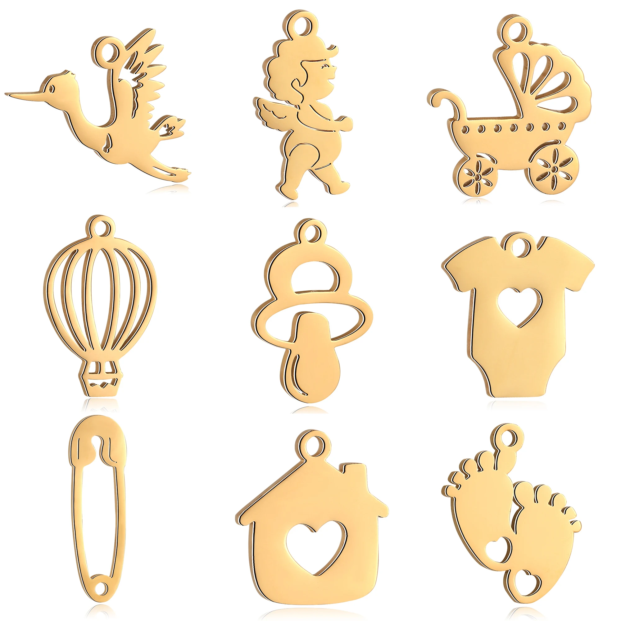 5Pc Baby Charm Nipple/Angel/Love Heart House/Stroller Charms Stainless Steel Birth Christening Shower Pendant DIY Jewelry Making