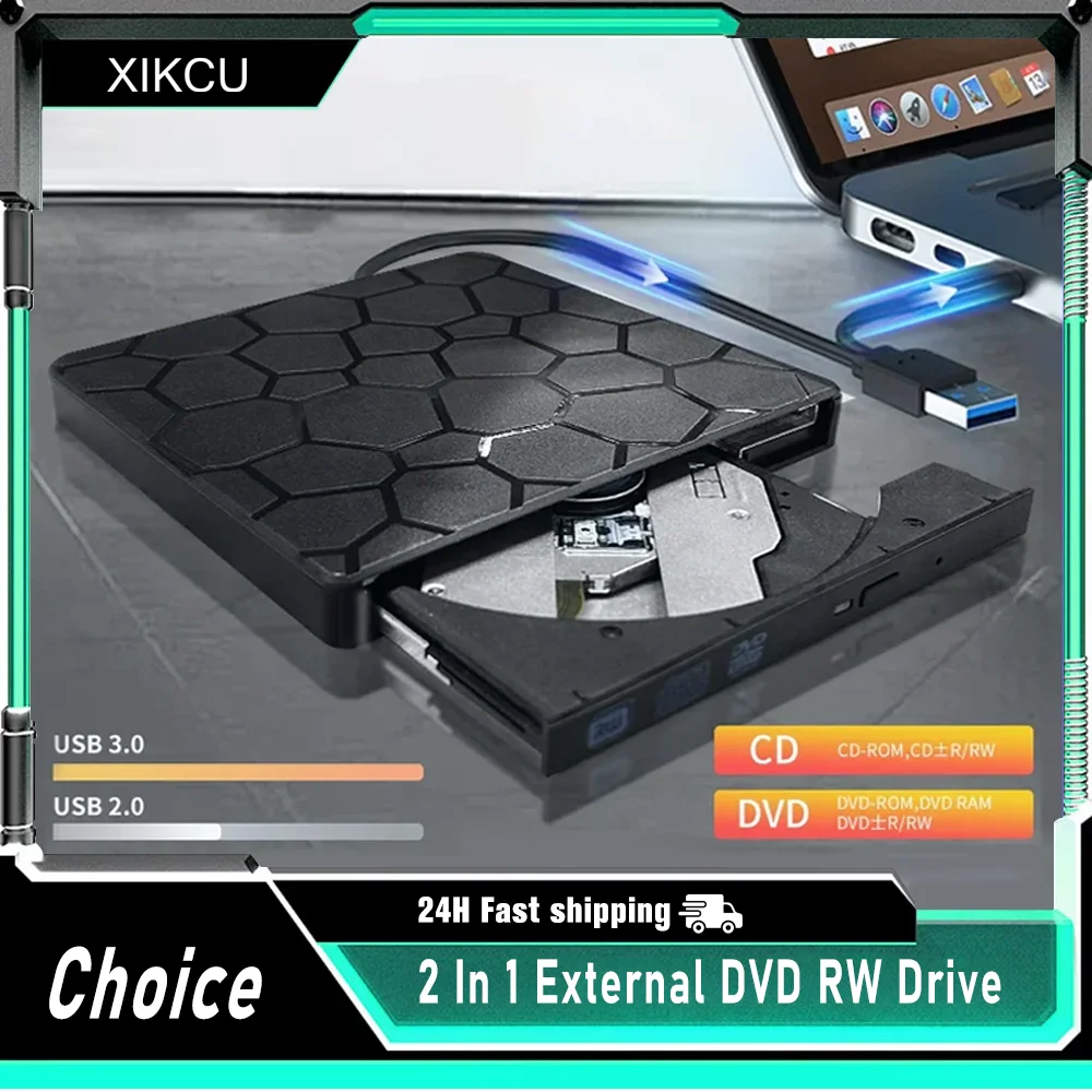 

2 In 1 External DVD RW Drive USB 3.0 Type C Interface Slim DVD CD Writer Burner Reader Player Optical Drive For Laptop Notebook