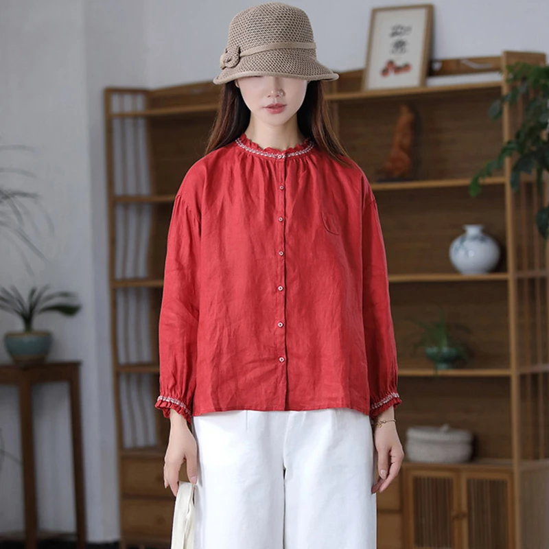 100% lin femmes à manches longues chemise décontractée nouveauté 2025 automne Style Vintage couleur unie ample femmes hauts chemises M1902