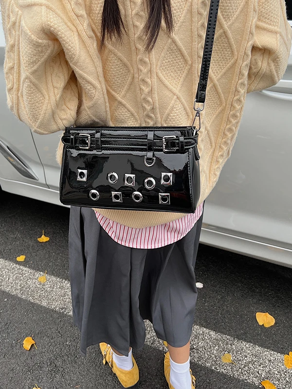 American Retro Motorcycle Women Bag Patent Leather Glossy Metal Rivet Decoration Single Shoulder Crossbody Bag For Women Trendy