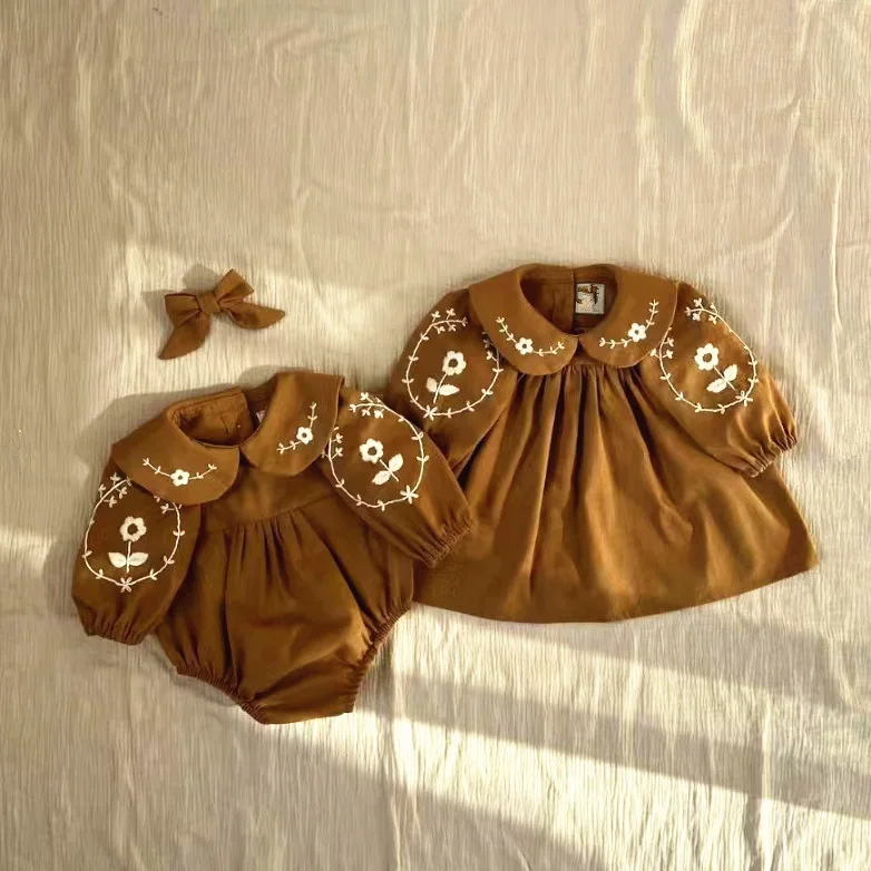 Somenie Girls Autumn‑Winter Dress, Cotton‑Linen Long‑Sleeve Princess Gown, INS‑Style Hand‑Embroidered Doll Collar Baby Outfit
